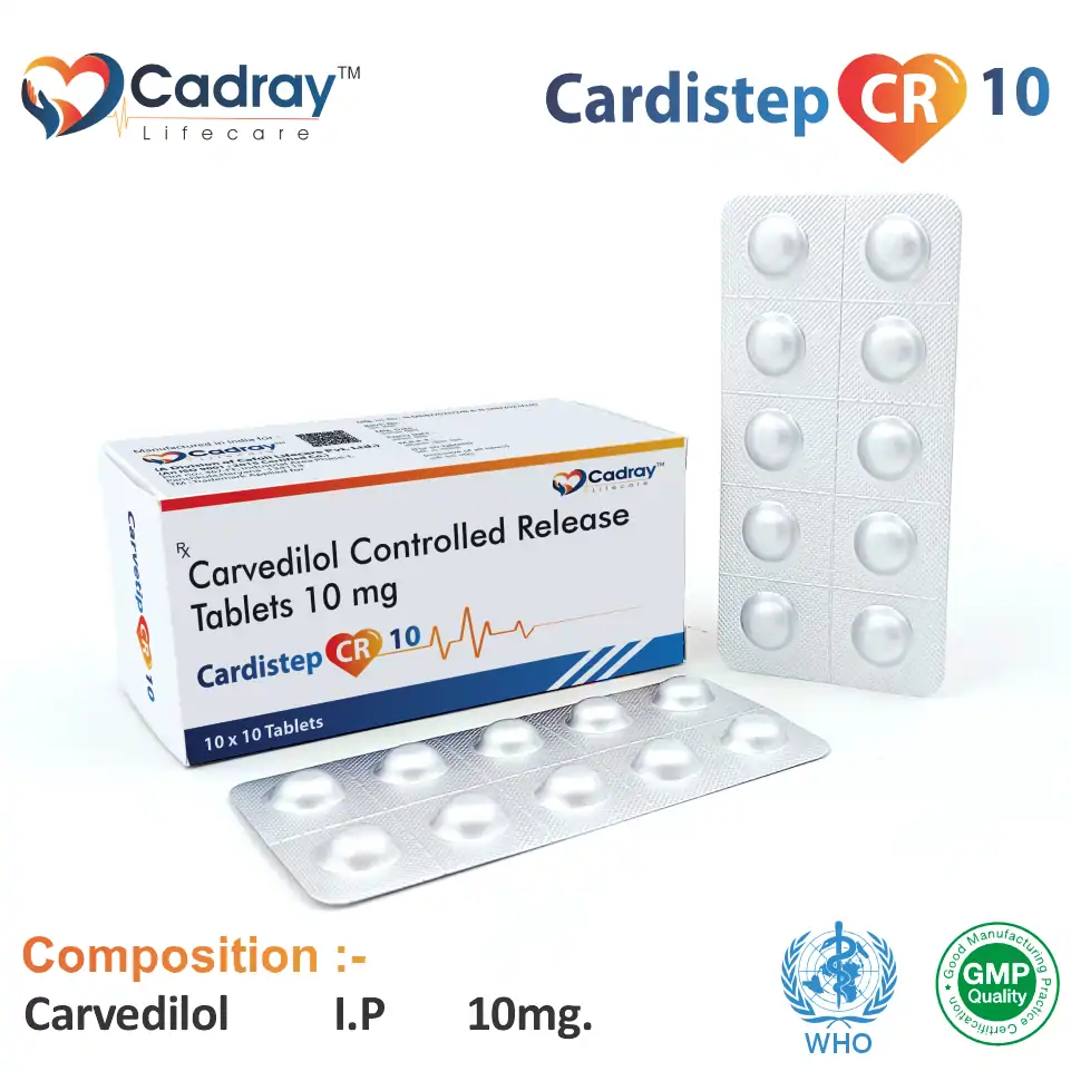 Cardistep CR 10 Tablet with Carvedilol 10mg (Controlled Release) supports heart failure & hypertension treatment. WHO GMP certified, available for PCD pharma franchise at the best price.